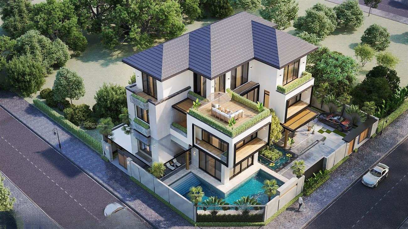 Thiết kế nhà vườn đẹp mái Nhật 3 tầng với sân vườn và hồ bơi tiện nghi