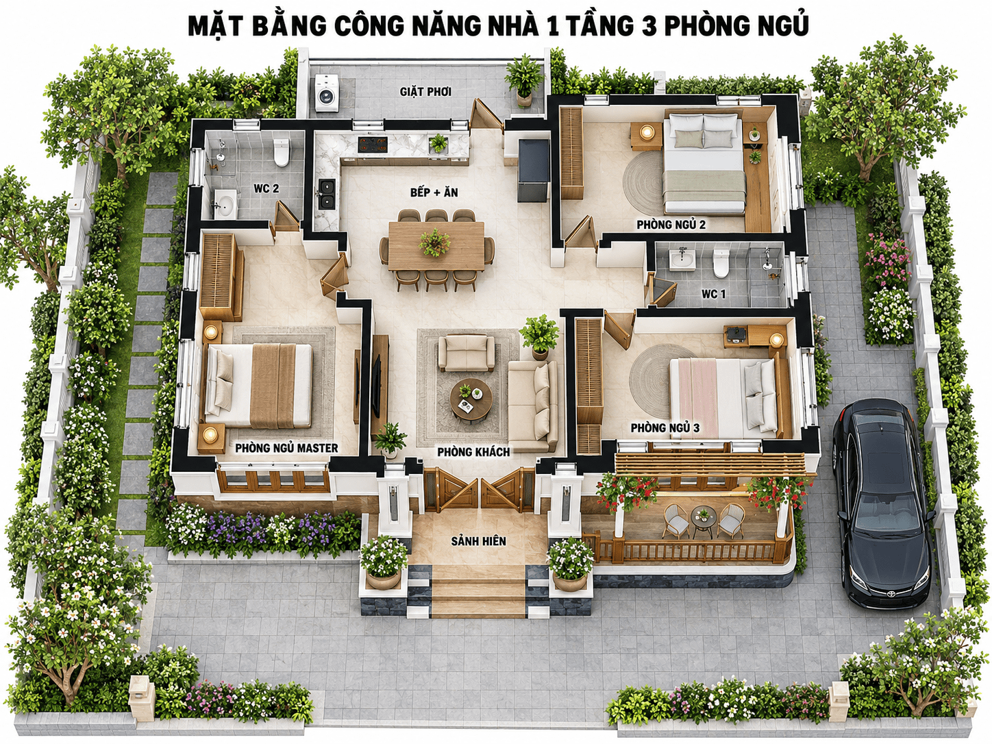 Mẫu phối cảnh tham khảo nhà cấp 4 3 phòng ngủ, 1 phòng khách liền bếp và 2 WC