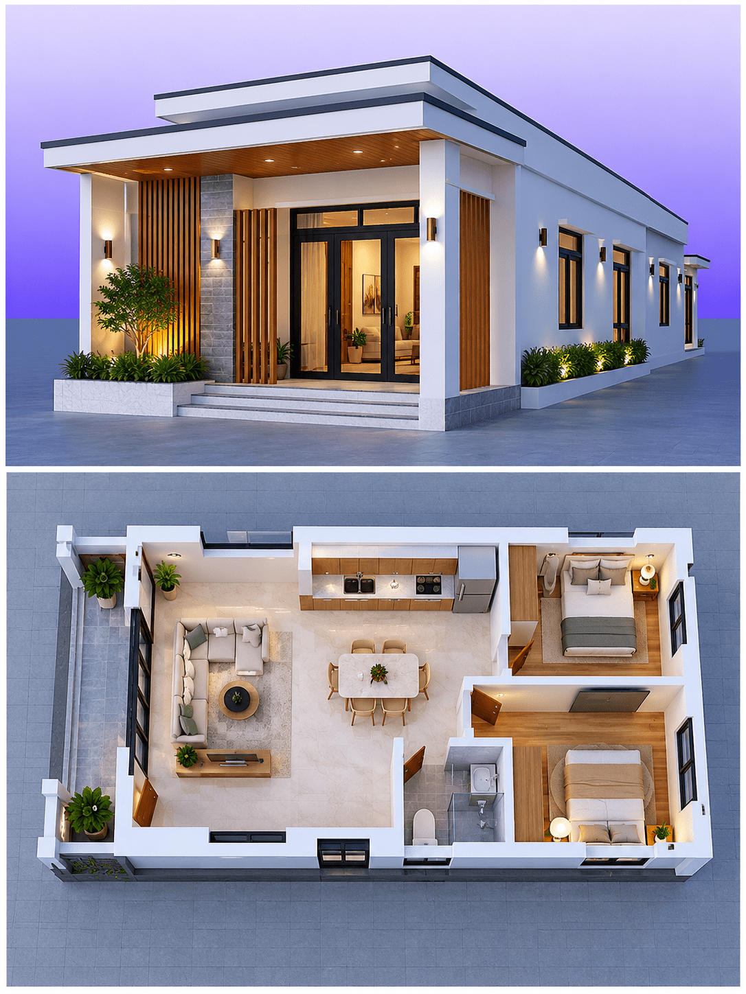 Mẫu phối cảnh và bản vẽ nhà ống 1 tầng 2 phòng ngủ và phòng bếp liền khách