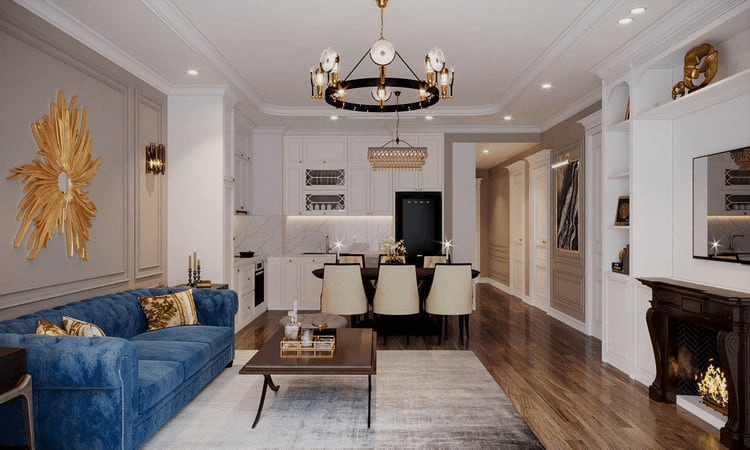 Mẫu phòng khách chung cư đẹp với thiết kế tân cổ điển