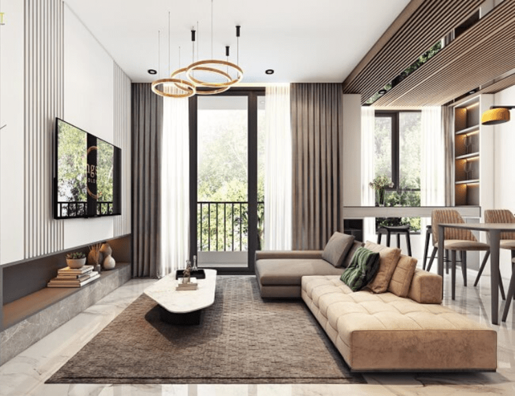 Mẫu phòng khách chung cư đẹp với gam màu trung tính