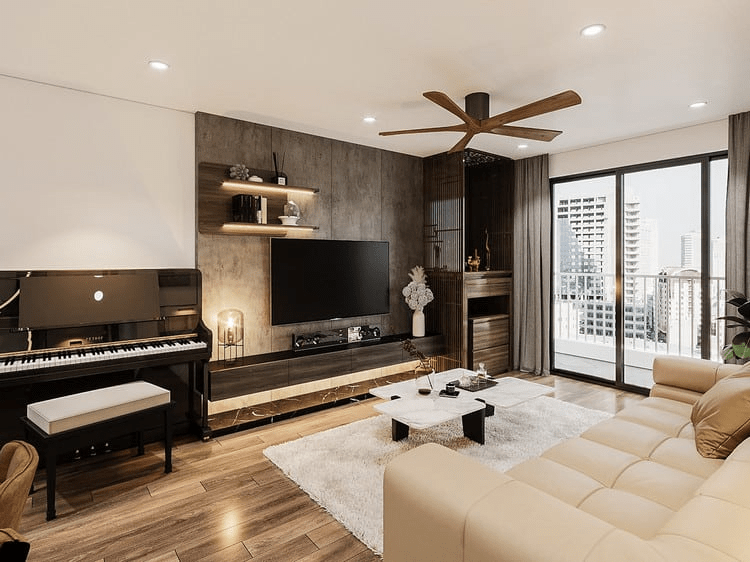 phòng khách chung cư hiện đại, đầy đủ tiện nghi