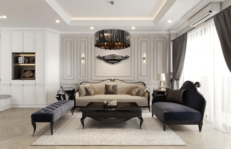 Mẫu phòng khách chung cư tân cổ điển đẹp, trang trí đèn chùm lung linh sang trọng