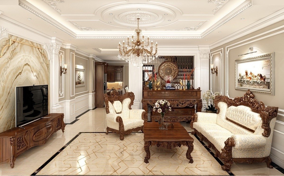 Mẫu phòng khách màu trắng tinh tế, thanh lịch có bàn thờ