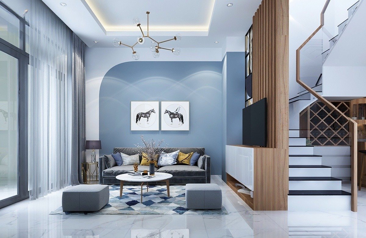 Mẫu phòng khách màu xanh hiện đại, đẹp mắt