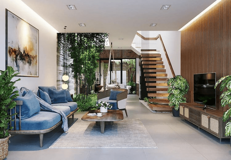Mẫu phòng khách đẹp cho nhà ống kết hợp cây xanh