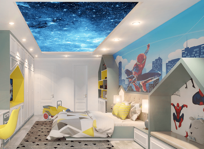 Thiết kế phòng ngủ cho bé trai với thiết kế trần độc đáo