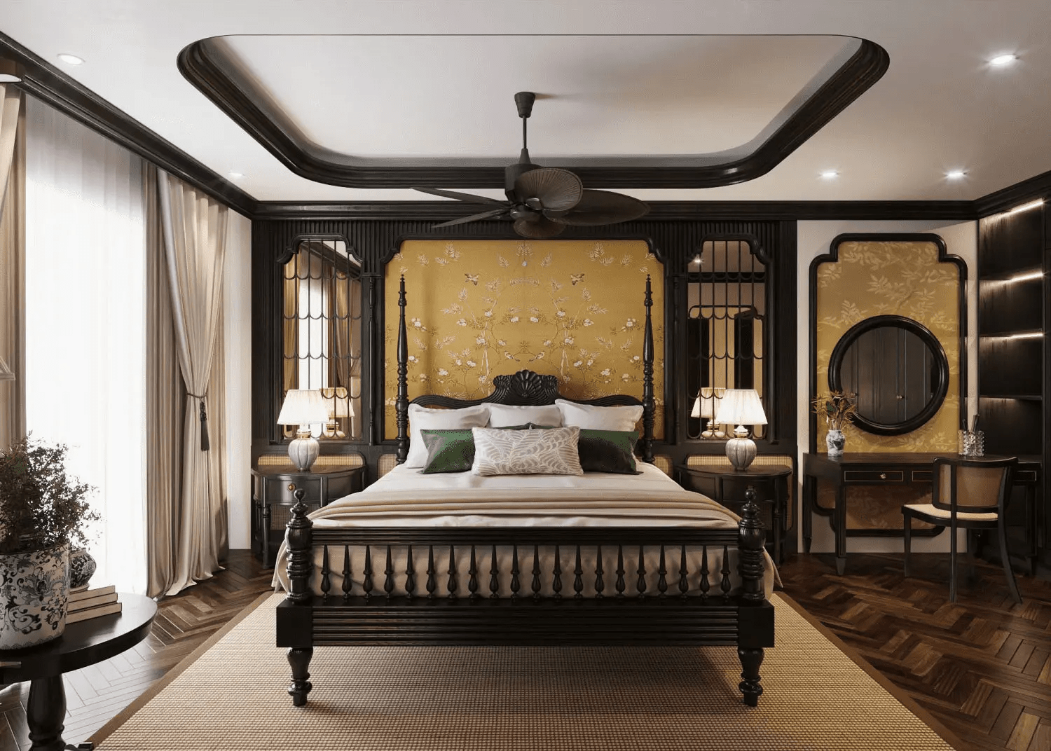 Mẫu thiết kế phòng ngủ vợ chồng indochine được decor đầy ấn tượng với cách phối màu tương phản