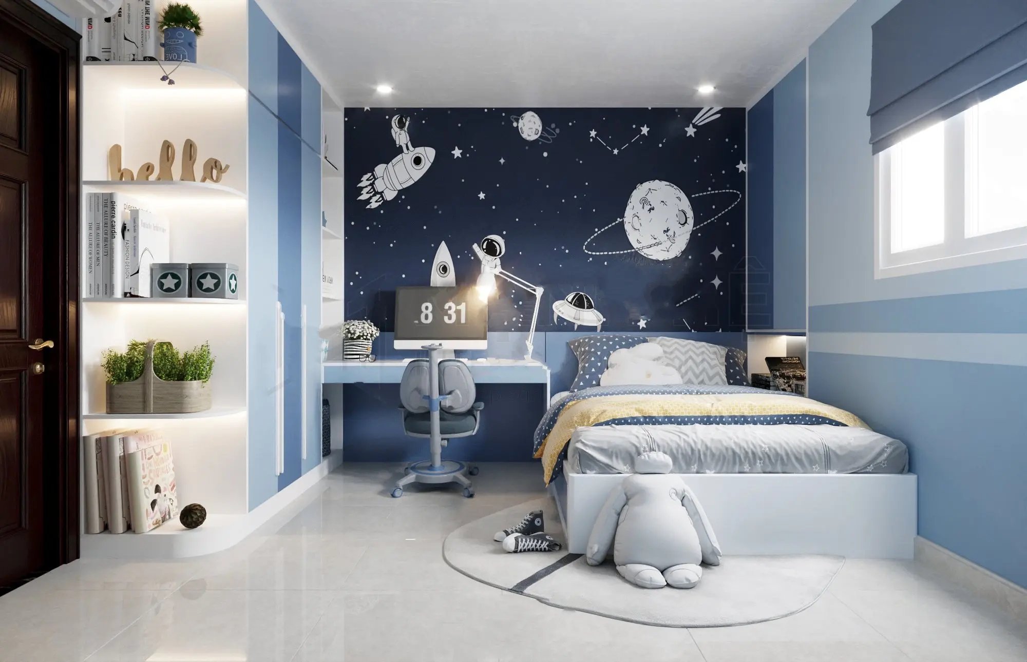 Mẫu phòng ngủ đẹp màu xanh chủ đạo cho bé trai