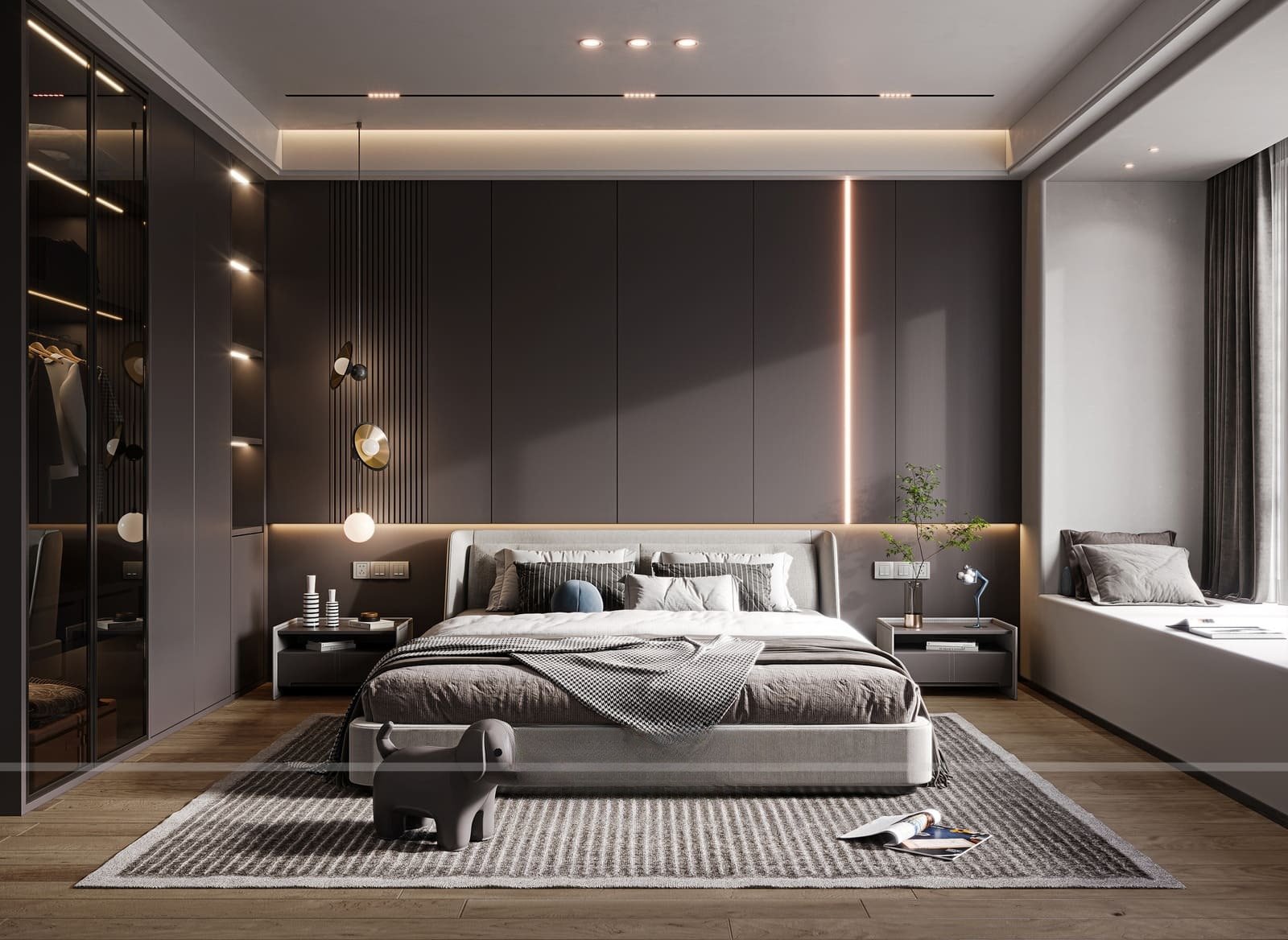 Mẫu phòng ngủ căn hộ đẹp thiết kế đơn giản với tone màu gỗ trầm ấm