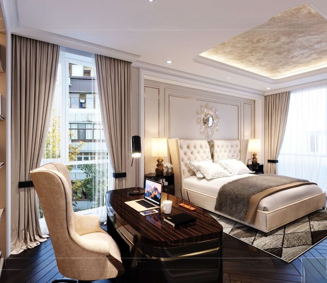 Mẫu phòng ngủ cổ điển với gam màu be trung tính, nhẹ nhàng