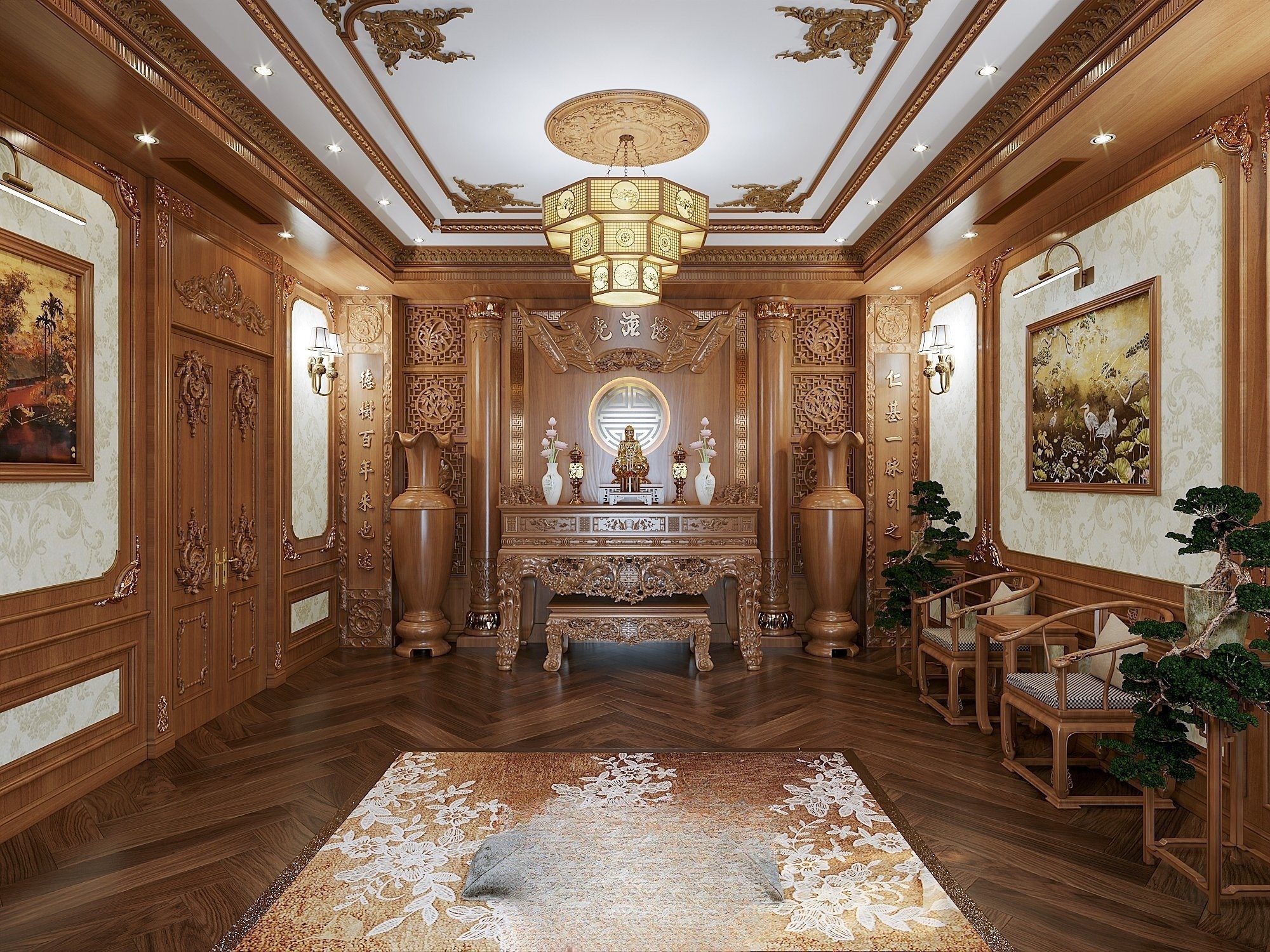 Mẫu phòng thờ Phật với các đường nét hoa văn tinh tế