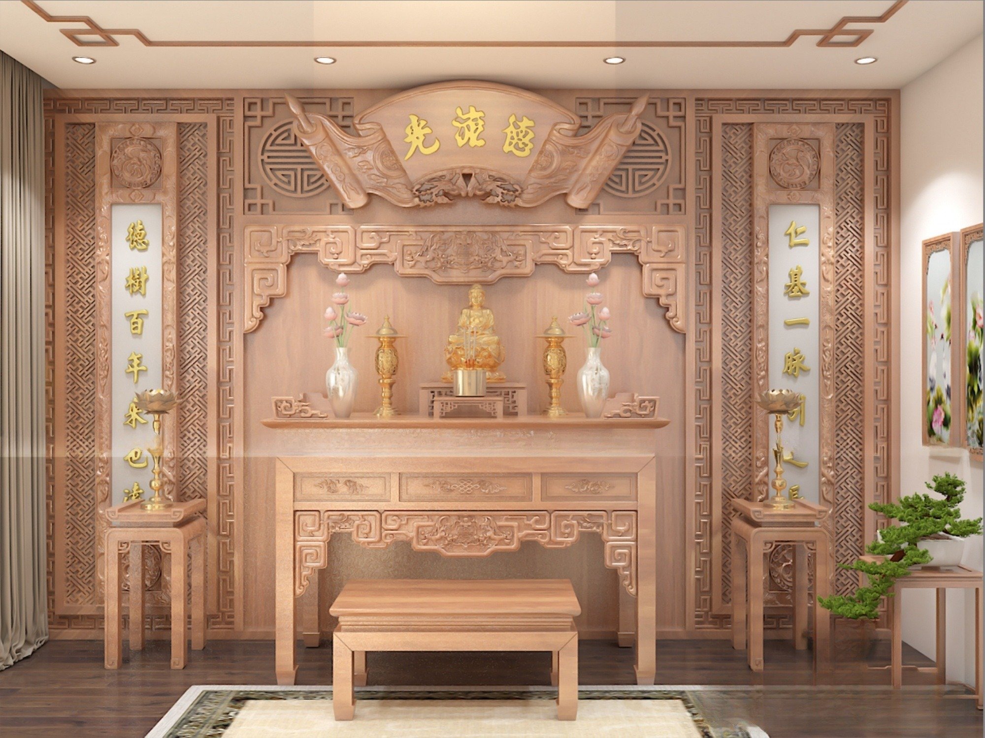 Mẫu phòng thờ trang nghiêm dành cho nhà ống