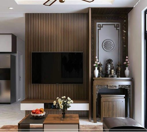 Tối giản mà vẫn sang trọng với mẫu thiết kế phòng khách kết hợp phòng thờ dạng treo