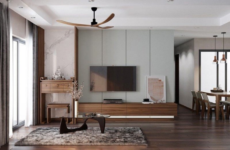 Mang đến không gian sống ấm cúng, trang nghiêm với mẫu thiết kế phòng khách kết hợp phòng thờ dạng treo