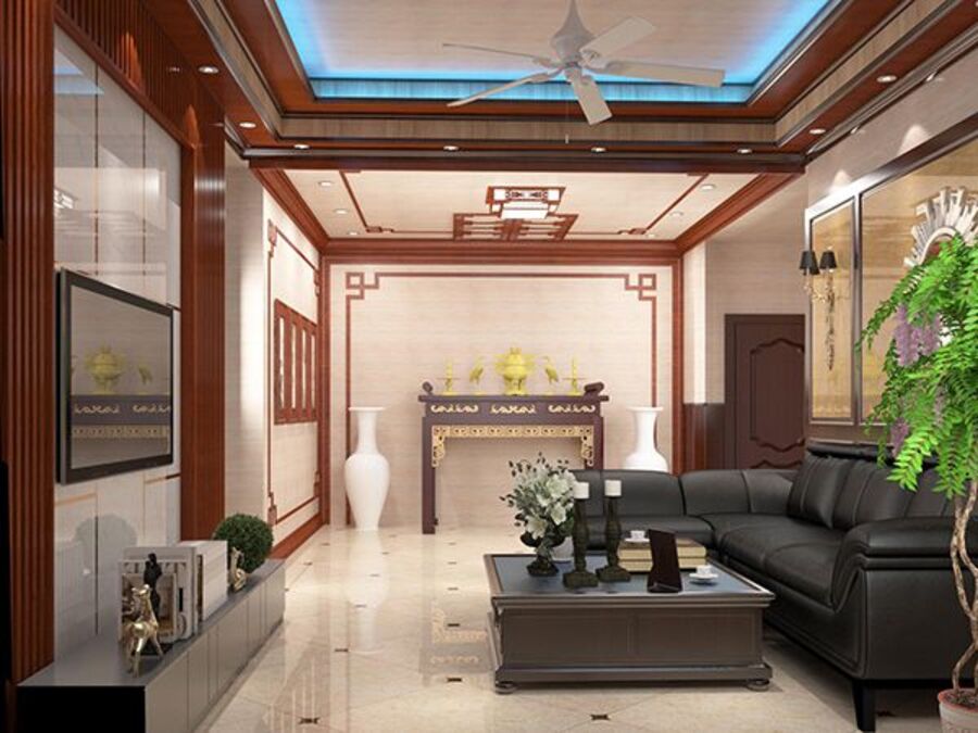 Mẫu phòng khách biệt thự kết hợp phòng thờ mang đậm chất truyền thống