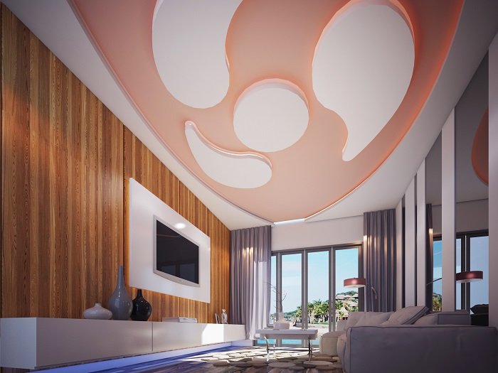 Gam màu hồng đan xen trắng giúp trần nhà nổi bật hơn