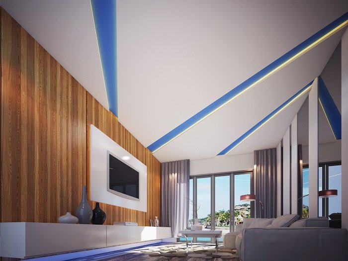 Trần đơn giản tạo điểm nhấn bằng đường kẻ xanh dương