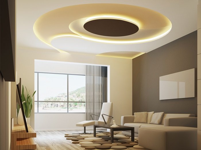 Trần giật cấp thiết kế hình cầu độc đáo cho phòng khách sang trọng