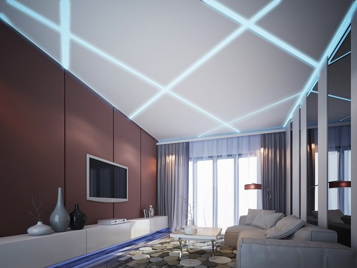 Trần phòng khách với đường sáng xanh lam đan xen độc đáo