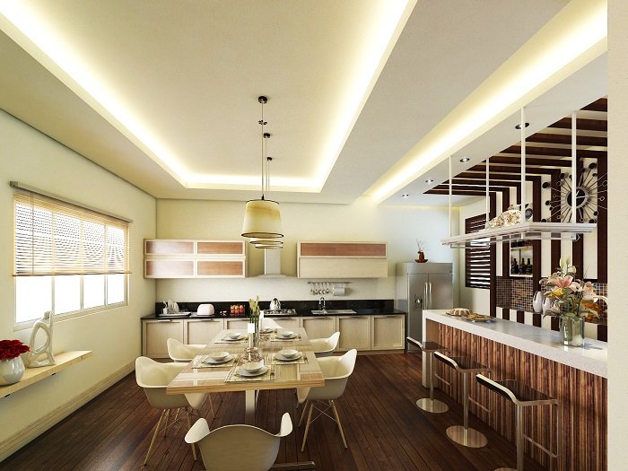 Trần giật cấp ở các góc, thiết kế phẳng ở giữa và trang trí bằng đèn led