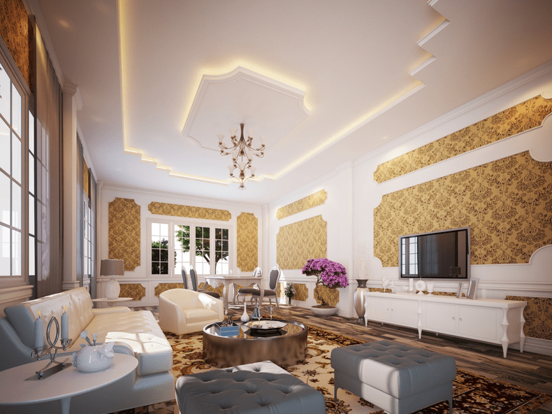 Mẫu trần thạch cao giật 2 cấp cho phòng khách tạo cảm giác rộng rãi và có chiều sâu hơn