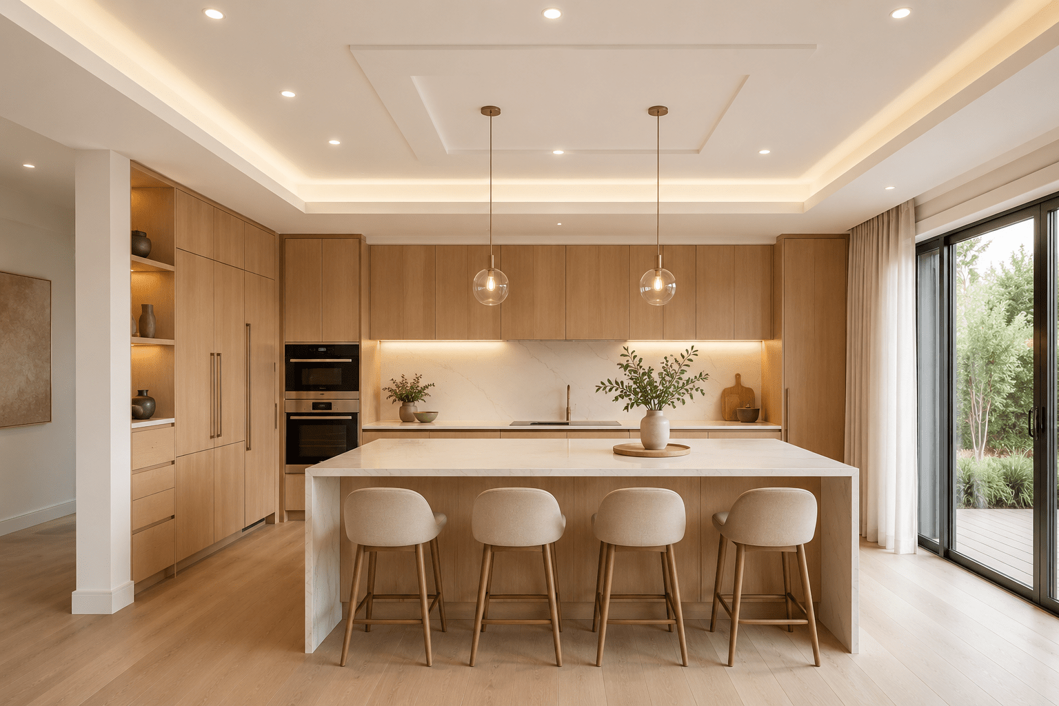 Mẫu trần thạch cao hiện đại, kết hợp đèn led âm trần cho phòng bếp