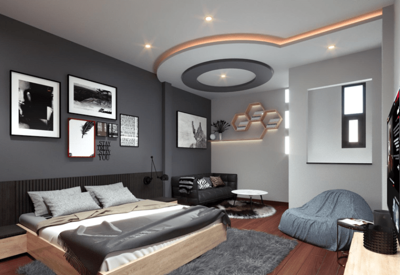Mẫu trần thạch cao phòng ngủ hình tròn đẹp, phối màu hiện đại