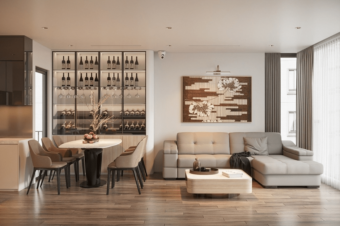 Mẫu trần thạch cao phẳng cho phòng khách liền bếp đẹp, đơn giản cho nhà chung cư