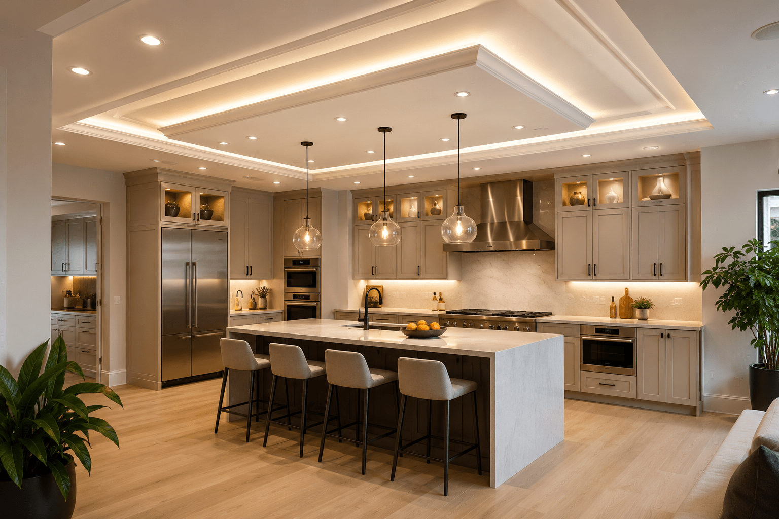 Mẫu trần thạch cao phòng bếp đẹp, kết hợp nội thất tối giản và đèn vàng tạo cảm giác ấm cúng