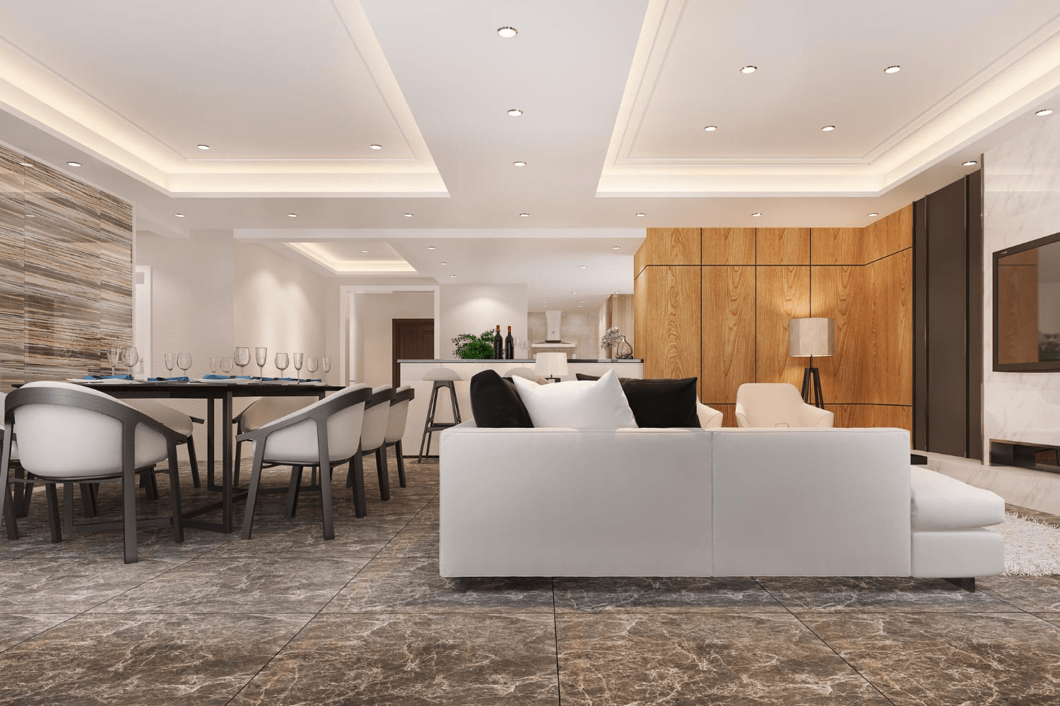 Mẫu trần thạch cao phòng khách 20m2 thiết kế giật cấp ấn tượng