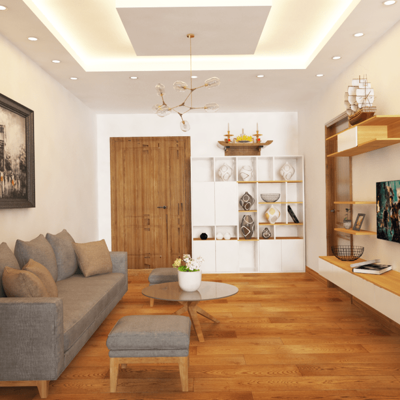 Thiết kế trần giật cấp hở cho phòng khách 25m2 hiện đại