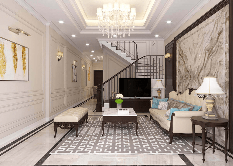 Thiết kế trần giật cấp cho phòng khách 25m2 đẹp, sang trọng, hiện đại