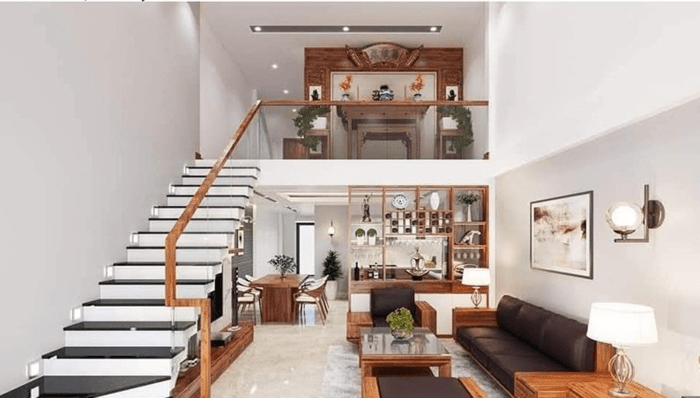 Mẫu trần thạch cao phòng khách nhà cấp 4 gác lửng có phòng thờ