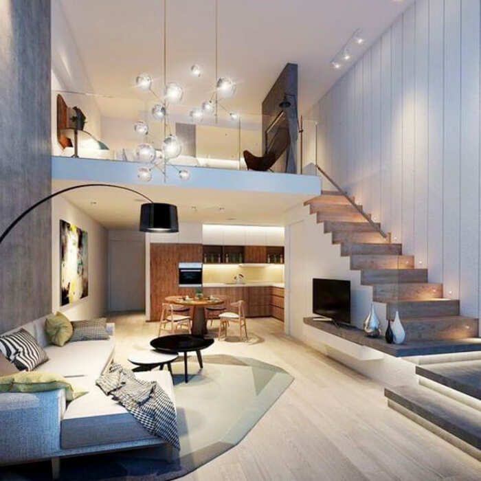 Mẫu trần thạch cao phòng khách nhà cấp 4 gác lửng bố trí thêm đèn