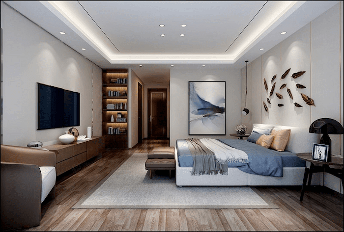 Mẫu phòng ngủ vợ chồng hiện đại với trần giật cấp hình chữ nhật