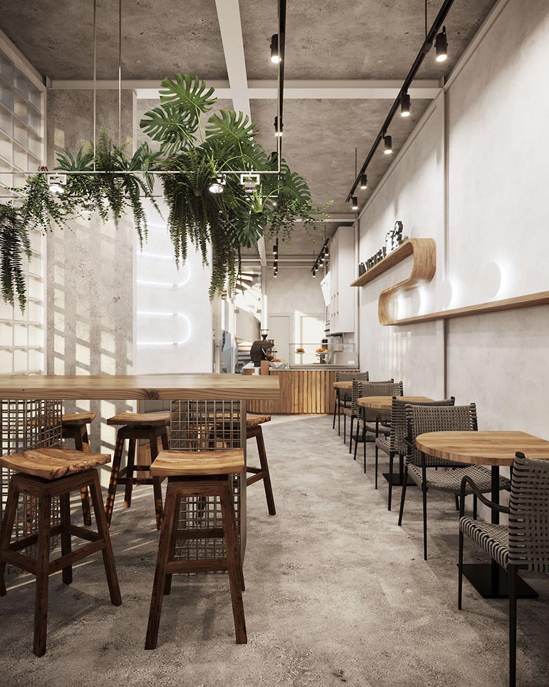 Trang trí trần quán cafe bằng cây xanh giúp không gian thêm gần gũi thiên nhiên