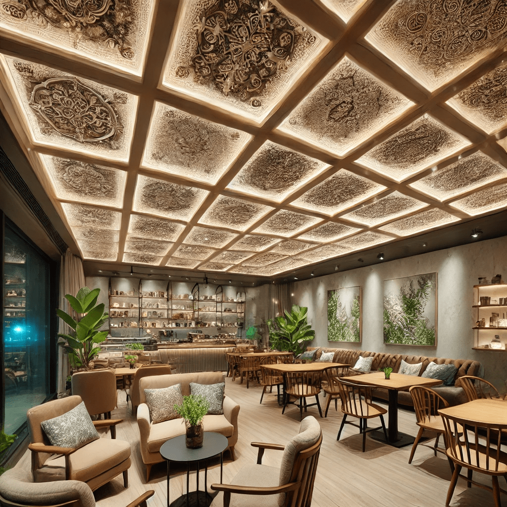 mẫu trang trí trần quán cafe bằng giấy dán trần