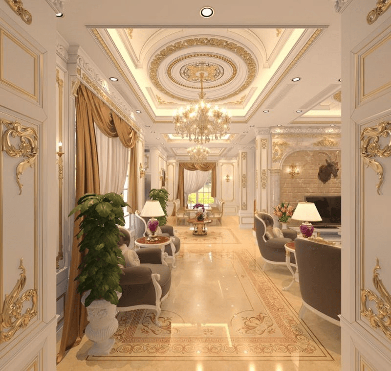 Mẫu trần thạch cao tân cổ điển kết hợp với đèn chùm đẹp, sang trọng cho biệt thự