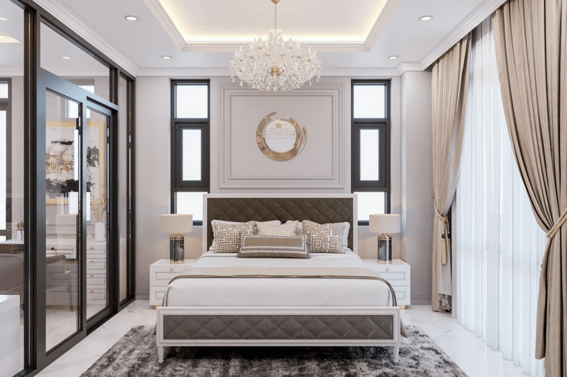 Mẫu trần thạch cao tân cổ điển phòng ngủ kết hợp đèn chùm