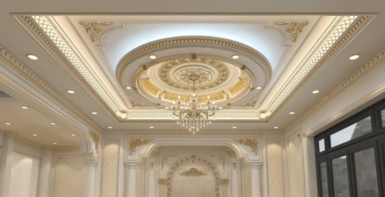 Mẫu trần thạch cao tân cổ điển phòng khách đẹp, đơn giản