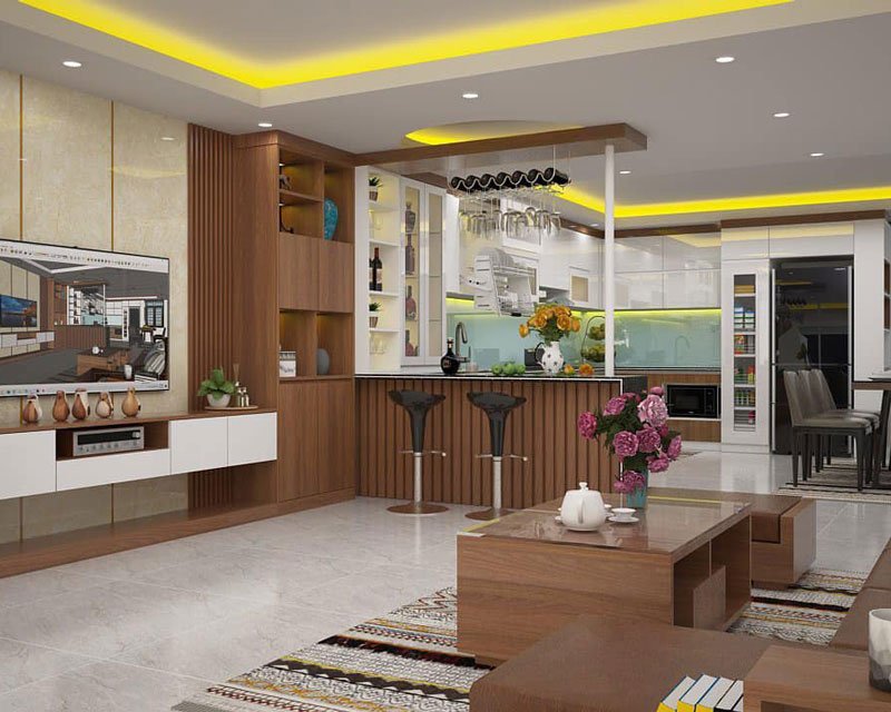 mẫu vách ngăn bếp và phòng khách hiện đại