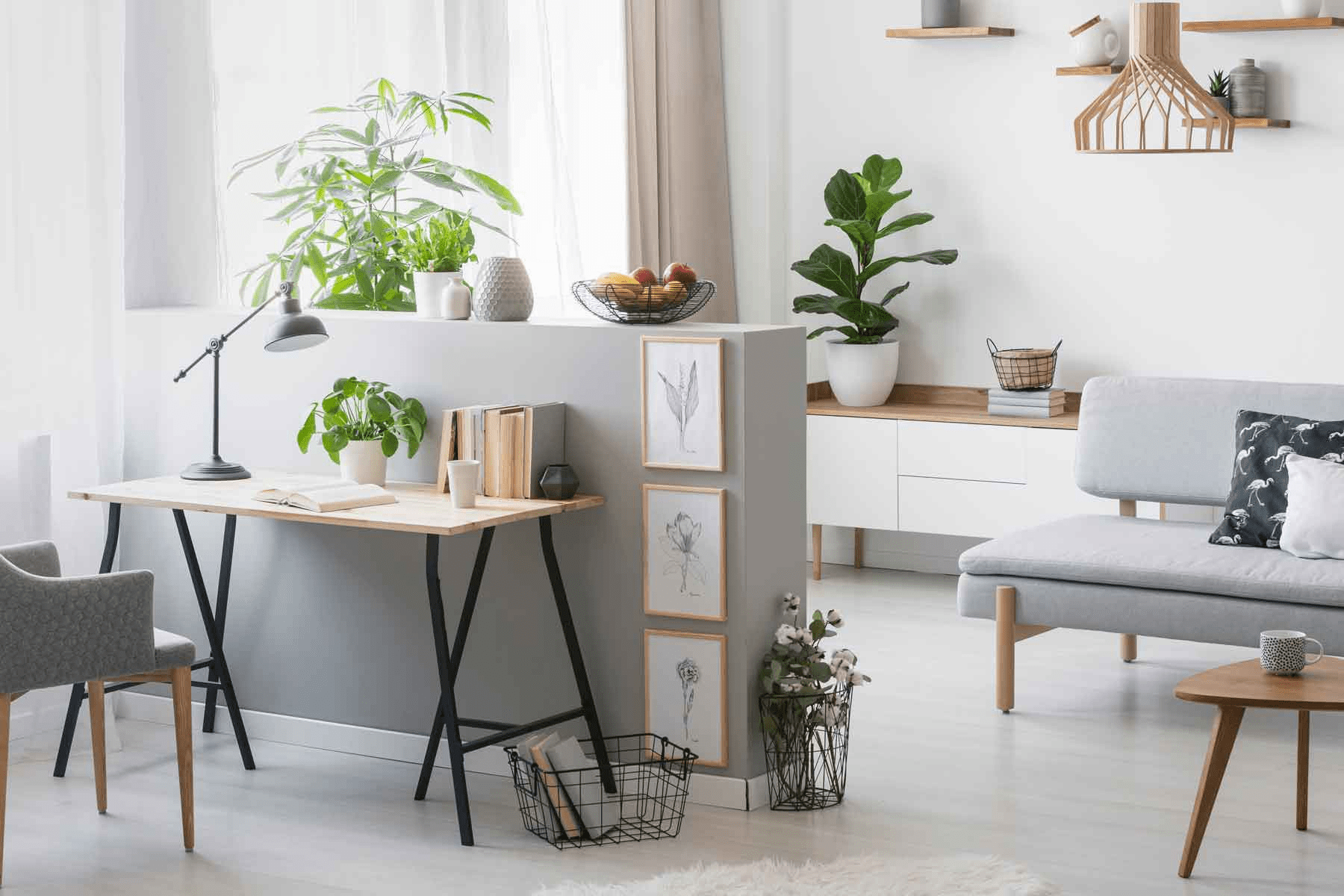 Mẫu vách ngăn lửng phòng khách và bếp đơn giản