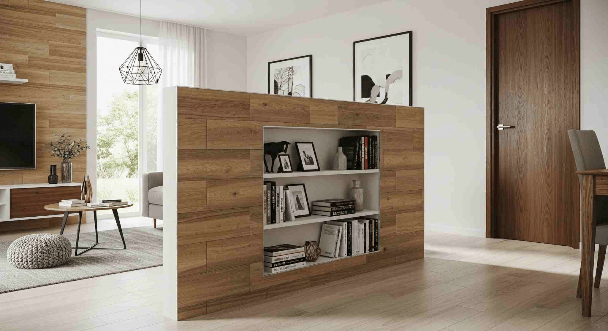 Mẫu vách ngăn lửng phòng khách và bếp tích hợp kệ đựng đồ đa năng
