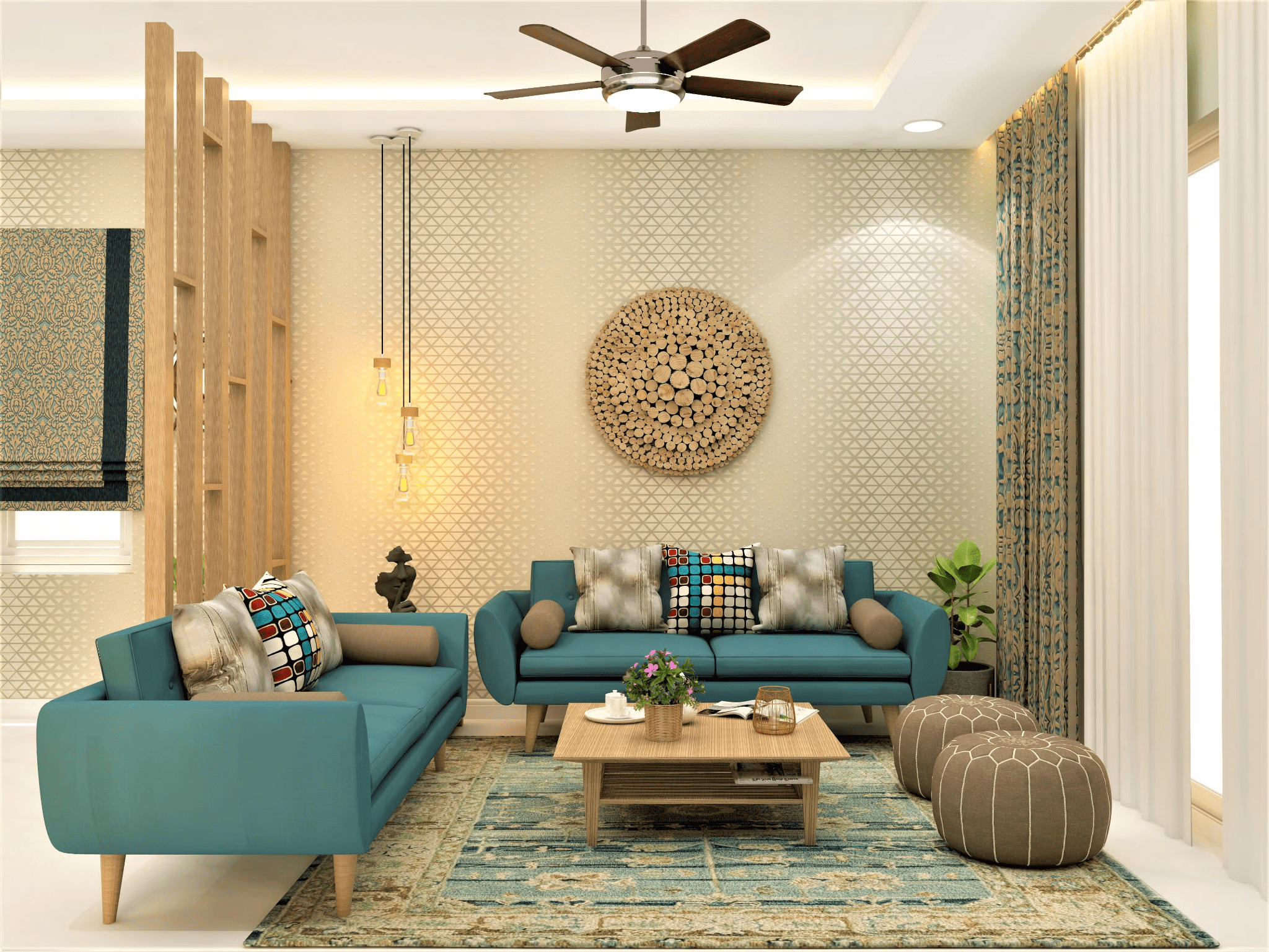 Mẫu vách ngăn phòng khách và bếp đơn giản chia ô