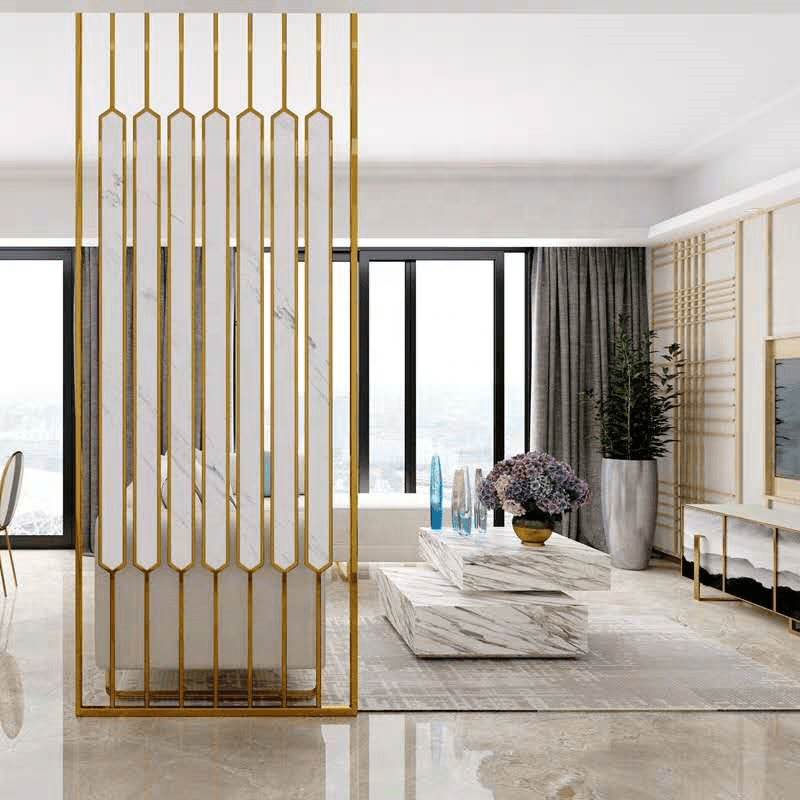 Mẫu vách ngăn phòng khách và bếp hiện đại với màu sắc ánh kim sang trọng