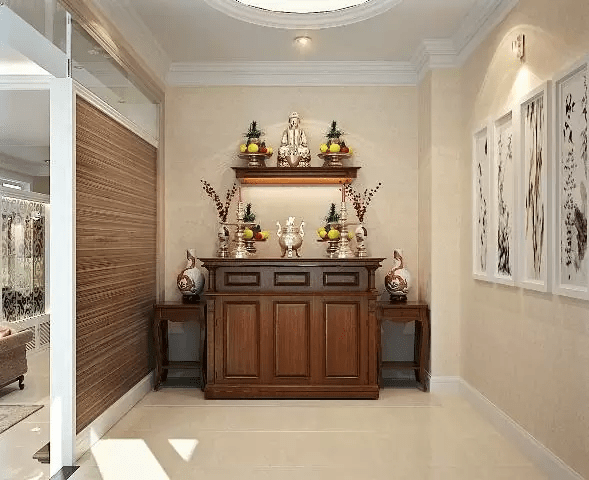 Vách ngăn thạch cao được nhiều gia đình lựa chọn để ngăn cách phòng thờ và không gian chung 