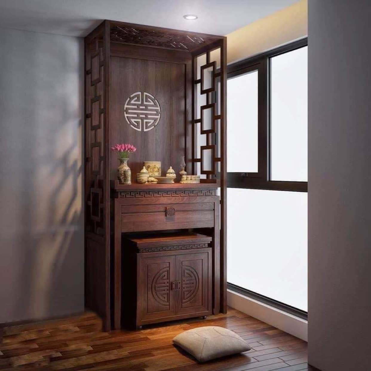 Vách ngăn phòng kết hợp bàn thờ nhà phố giúp tiết kiệm diện tích