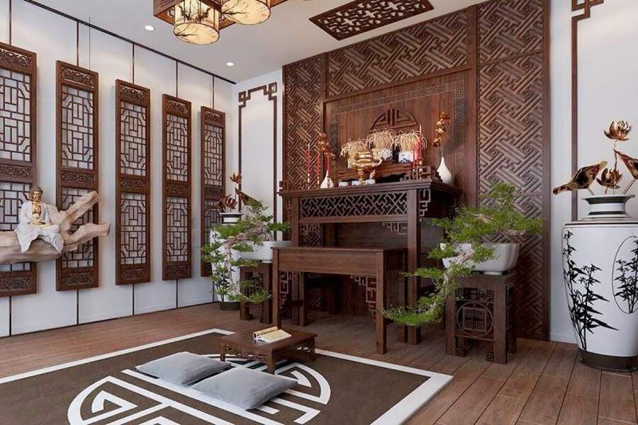 Vách ngăn phòng thờ tạo sự trang nghiêm, sang trọng cho không gian