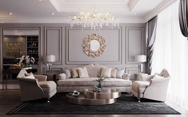 Mẫu vách ngăn phòng khách kết hợp gương trang trí